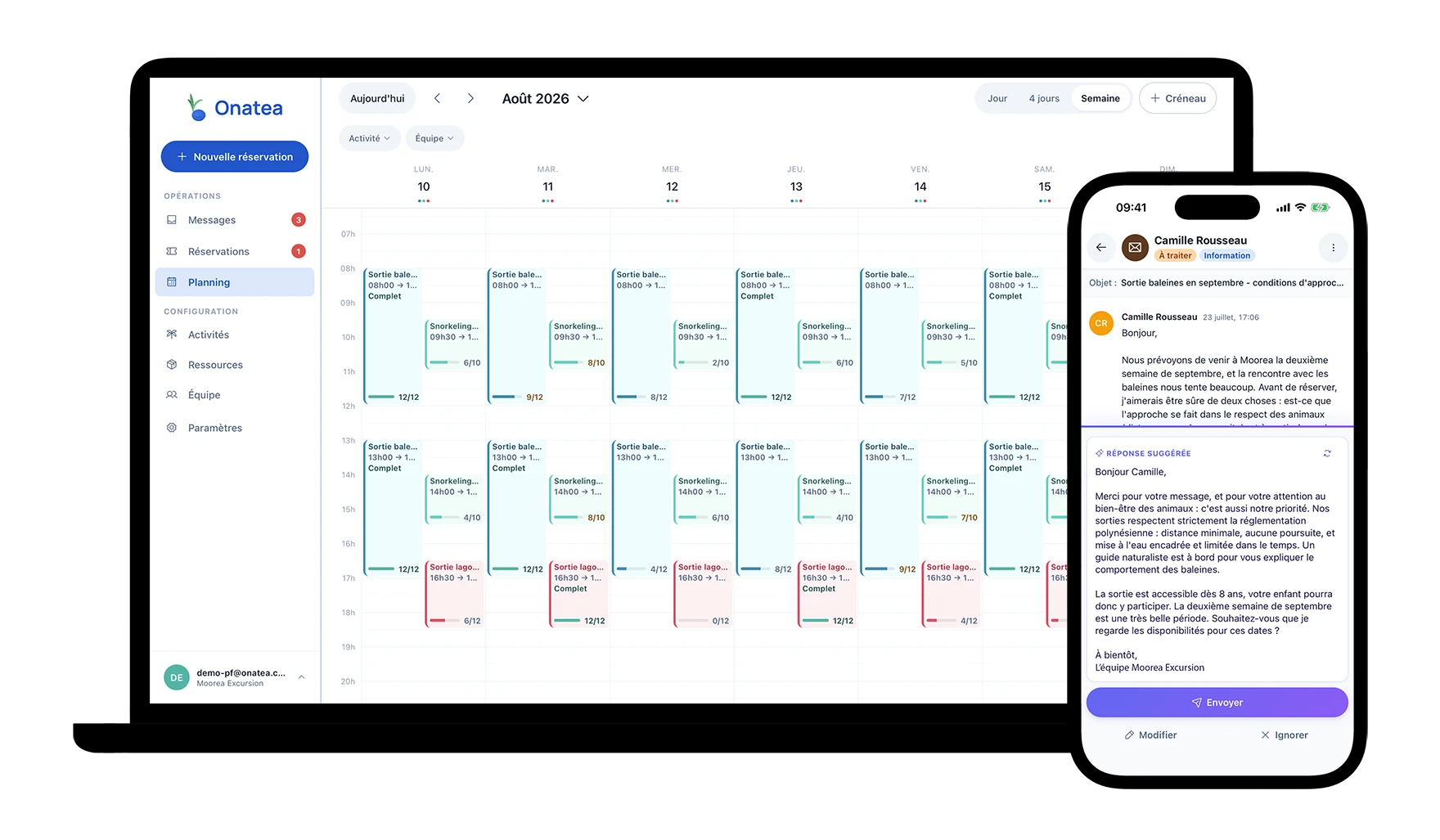 Le planning Onatea sur ordinateur et une réponse suggérée sur téléphone